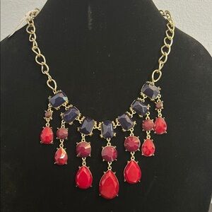 Cookie Lee Statement Necklace gold tone Red Burgundy Blue #148 New with Tag!